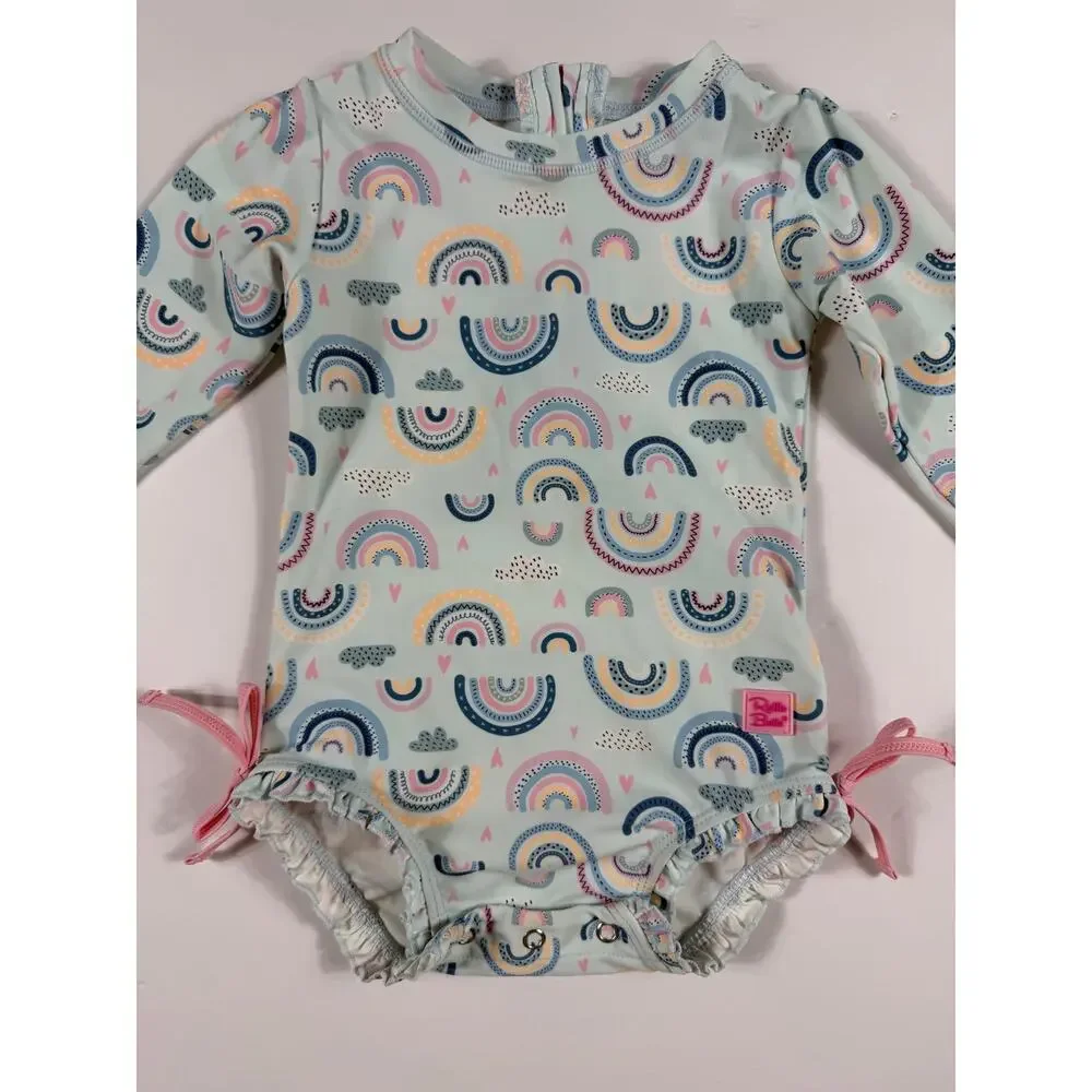 RuffleButts Rainbow Print Long Sleeve One-Piece Rash Guard Swimsuit 12–18 months